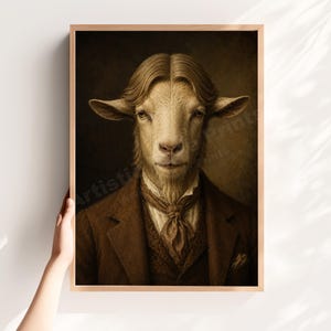 May include: A framed portrait of a goat dressed in a brown suit, vest, and ascot. The goat has light brown fur and is looking directly at the viewer. The artwork has a vintage, classical style.