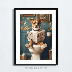 Perro sentado en el inodoro, arte divertido para el baño, animal en el inodoro, impresión artística para el baño, animal caprichoso, arte imprimible de perro, decoración de pared para el baño