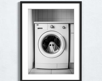 Spooky Ghost in Washing Machine Wall Art | Humorous Halloween Decor | Funny Laundry Print | Digital Download for Utility Room I Laundry Sign