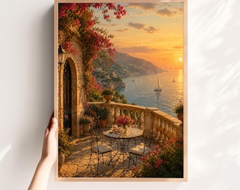 Amalfi Coast Sunset Balcony Wall Art, Mediterranean Coastal Decor, Italian Seaside Painting, Romantic Europe Landscape Print
