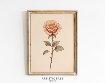 Rose Printable - Floral Art Print, Romantic Boho Wall Decor, Roses Wall Art, Vintage Rose Illustration, Downloadable Floral Art