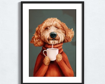 Funny Dog Wall Art, Cockapoo Poster for Dog Lovers, Cockapoo Print Decor, Minimalistic Animal Portrait Art, Dog Mom Gifts, Coffee Lover Gift
