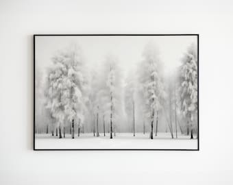 Könnte beinhalten: Schwarz-Weiß-Druck in einem Rahmen, der einen schneebedeckten Wald zeigt. Die Bäume sind stark vereist, was einen weichen, verschwommenen Effekt erzeugt. Der Boden ist mit Schnee bedeckt. Der Text "ARTISTIC EASE" befindet sich unten.
