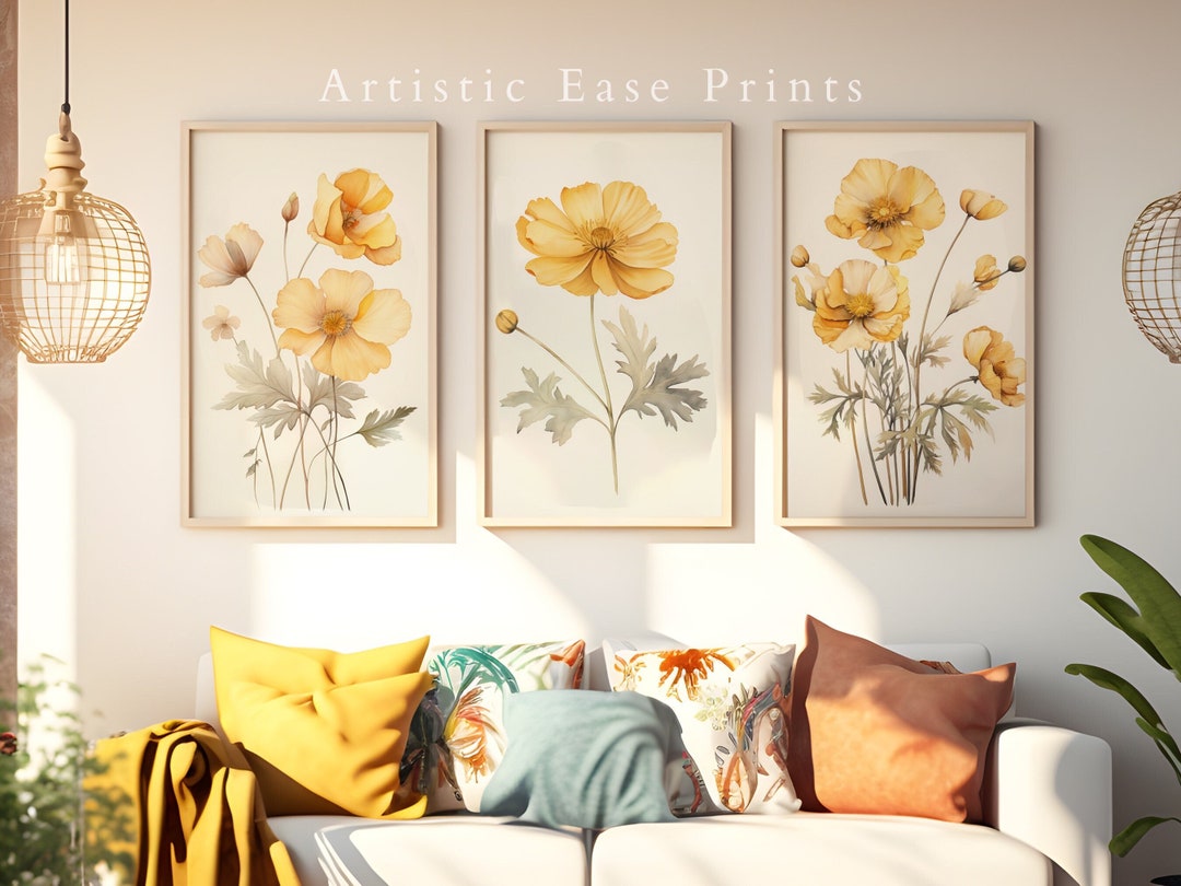 Yellow Flower Prints Set of 3 Flower Watercolor Art Floral Wall Decor