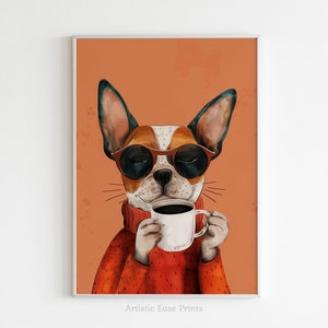 May include: A digital illustration of a dog wearing sunglasses and a red sweater, holding a cup of coffee. The dog has brown and white fur and is looking at the coffee cup.