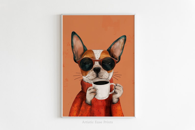 May include: A digital illustration of a dog wearing sunglasses and a red sweater, holding a cup of coffee. The dog has brown and white fur and is looking at the coffee cup.