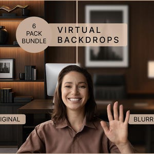 May include: A woman smiles and waves in front of a virtual backdrop. The image includes text that reads "6 Pack Bundle" and "Virtual Backdrops." The background shows a dark wood bookcase and a blurred office setting.