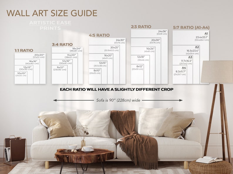 May include: A wall art size guide with different ratios and measurements in inches and centimeters. The guide shows how different ratios will crop an image differently. The guide also includes a sofa that is 90 inches wide.