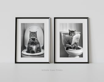 Funny Tabby Cat Bathroom Art Prints: Toilet Humor Set (Digital Download)
