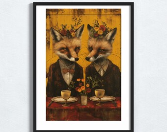 Floral Fox Portrait Wall Art, Funny Kitchen Decor, Cute Fox Couple Art, Animal Wall Decor, Funny Animal Poster, Fox Lover Gift, Floral Head