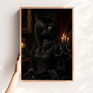 May include: A framed portrait print featuring a black cat with long black hair covering one eye, wearing a black velvet dress with puffed sleeves and a dark ornate necklace with a central black stone, set against a dark, candlelit interior.