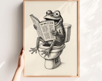 Rolig groda badrumskonst utskrivbar, vintage groda på toaletten poster, udda gästbadrumsdekor, retro djurväggkonst, toaletthumortryck