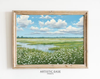 Wildflower Meadow Landscape Painting: Rustic Cottagecore Wall Art (Digital Download)