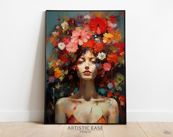 Floral Woman Portrait Print: Blooming Flower Head Art (Digital Download)