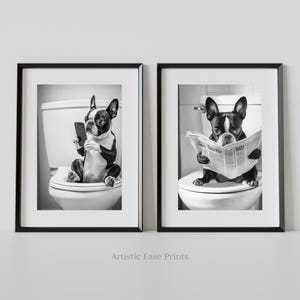 Perro Boston Terrier sentado en el inodoro, divertido juego de arte para el baño, animal en el inodoro, impresión artística para el baño, animal caprichoso, impresión de póster para el baño