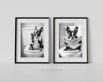 Funny Boston Terrier Bathroom Art Print Set (Digital Download)