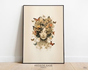 Abstract Woman Wall Art, Flower Head Art Print, Woman Butterfly Head, Woman Abstract Art, Modern Wall Art Decor, Artful Wall Decoration