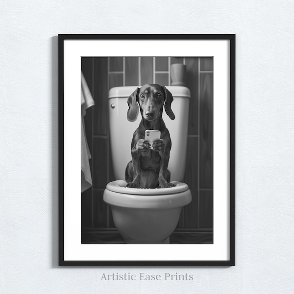 Dachshund Bathroom Art, Animal on Toilet, Funny Bathroom Decor, Funny Toilet Poster Prints, Restroom Wall Art, Dachshund Art, Wc Poster