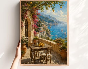 Amalfi Coast Lemon Terrace Wall Art, Mediterranean Coastal Decor, Italian Landscape Print, European Summer Art, Luxury Coastal Painting