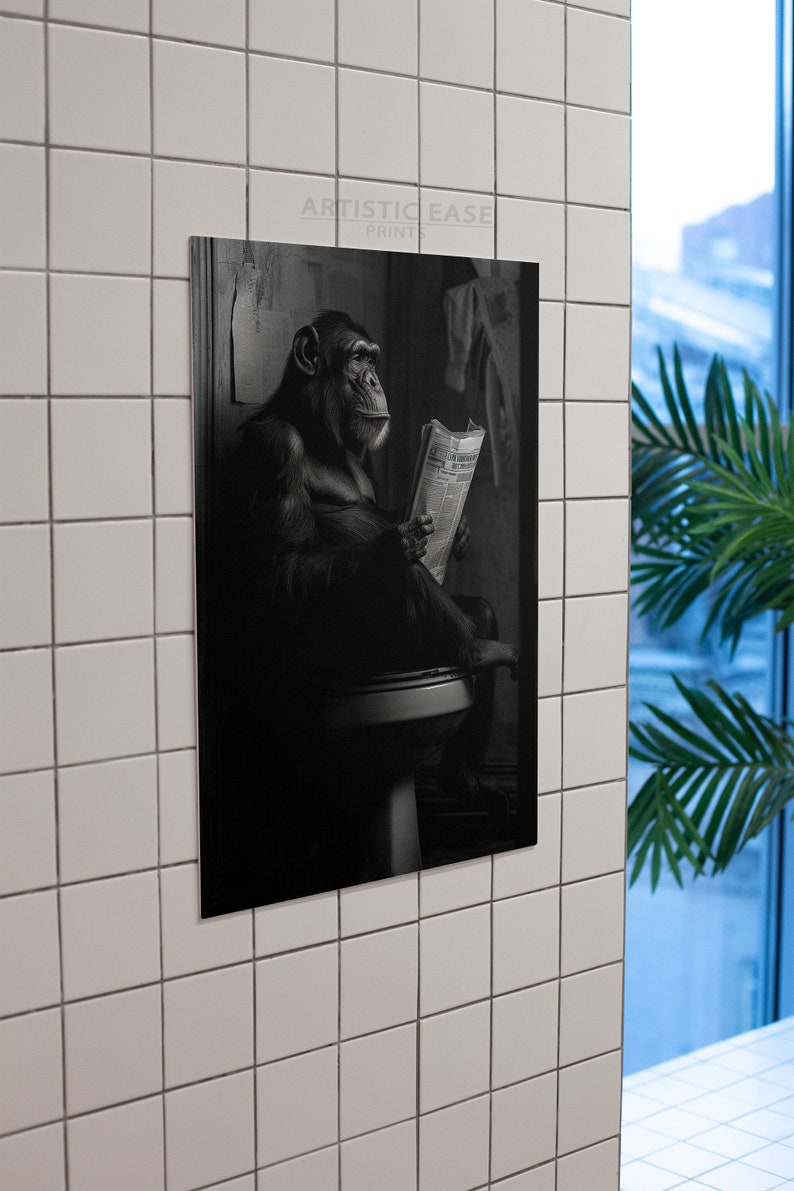 Funny Bathroom Art Monkey on Toilet Poster, Animal Restroom Decor