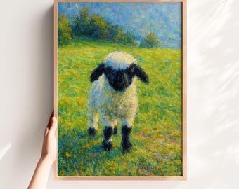 パステル画「羊の牧草地」：春の風景画プリント（デジタルダウンロード