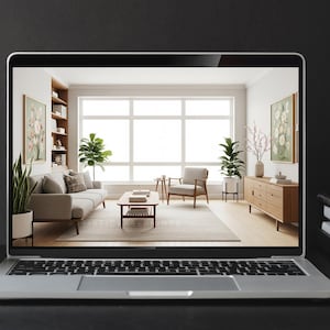 May include: A laptop displays a modern living room interior with a sofa, armchair, and wooden furniture. A gray mug and a stack of books sit beside the laptop on a dark surface. The room features large windows and decorative plants.
