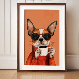 May include: A cartoon illustration of a dog wearing sunglasses and a red sweater, holding a white coffee mug with a brown liquid inside. The background is a solid orange color.