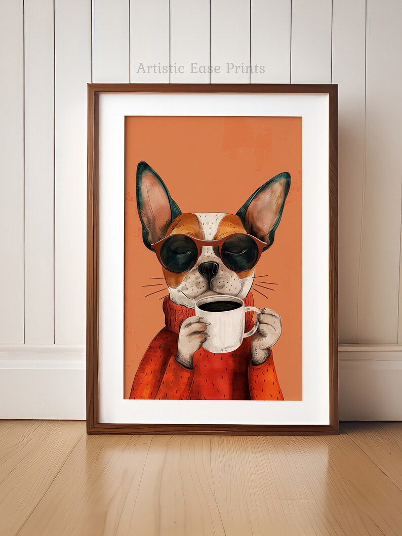 May include: A cartoon illustration of a dog wearing sunglasses and a red sweater, holding a white coffee mug with a brown liquid inside. The background is a solid orange color.