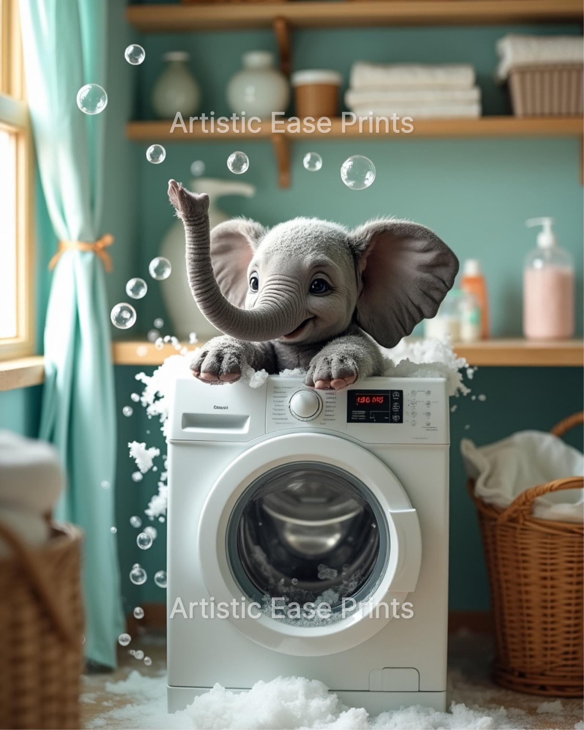 Elephant Laundry Room Art Prints: Whimsical Animal Decor (digital ...