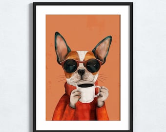 Op de afbeelding: Een cartoonillustratie van een hond met een zonnebril en een rode trui, die een witte koffiemok vasthoudt. De hond heeft bruin, wit en zwart haar. De achtergrond is effen oranje.