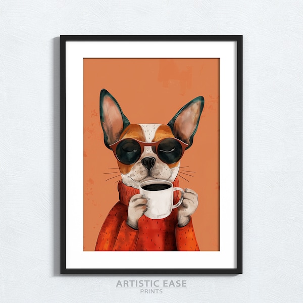 Funny Dog Poster with Coffee, Cute Canine Art for Coffee Lovers, Minimal Wall Decor, Modern Puppy Art, Minimalist Dog Decor, Dog Lover Gift