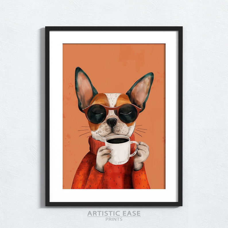 May include: A cartoon illustration of a dog wearing sunglasses and a red sweater, holding a white coffee mug. The dog has brown, white, and black fur. The background is a solid orange color.