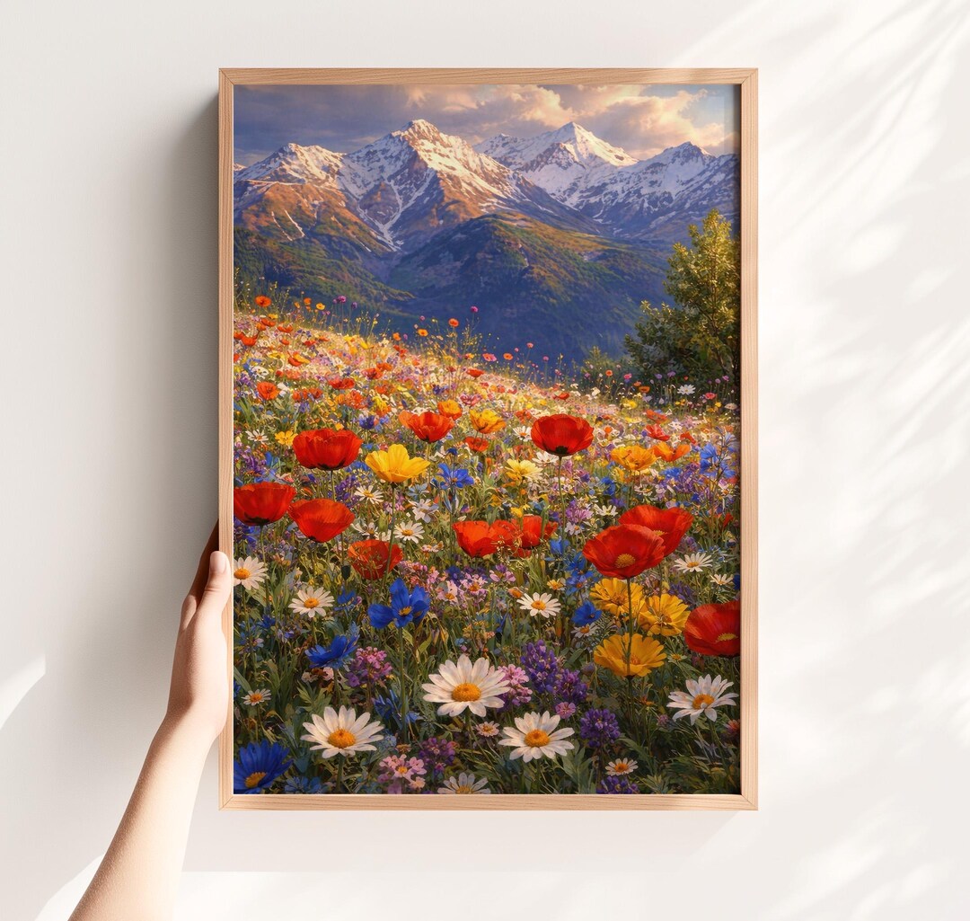 Alpine Wildflower Meadow Wall Art, Mountain Landscape Print, Colorful ...