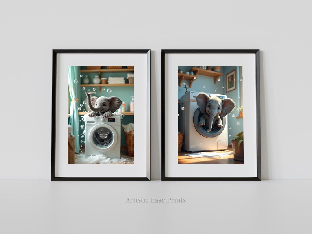 Elephant Laundry Room Art Prints: Whimsical Animal Decor (digital ...