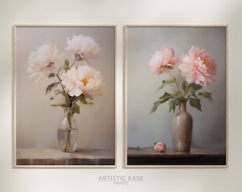 Peony Wall Art Print Set of 2, Peony Oil Painting, Peonies Printable Living Room Decor, Farmhouse Decor, Printable Wall Art,Digital Download