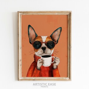 May include: A digital illustration of a dog wearing sunglasses and a red sweater, holding a cup of coffee. The background is a solid orange color.