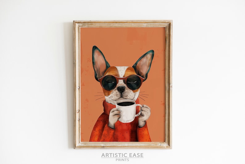 May include: A digital illustration of a dog wearing sunglasses and a red sweater, holding a cup of coffee. The background is a solid orange color.