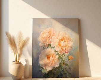 Peony Oil Painting - Soft Vintage Hues, Antique Floral Wall Art - Printable Peony Artwork, Home Decor - Downloadable Flower Art