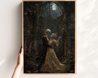 May include: A framed wall art print depicting two skeletons dancing in a dark, overgrown greenhouse. One skeleton wears a dark red coat, and the other wears a cream-coloured gown. The scene is filled with dense foliage, flowers, and a glass dome.