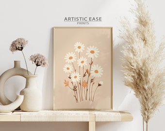 Daisy Flower Art Print, Neutral Boho Wall Decor, Printable Daisies Wall Art, Flower Illustration, Daisy Art Print, Downloadable Floral Art