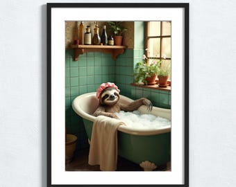 Sloth in Bathtub Print: Funny Animal Bathroom Wall Art (Digital Download)