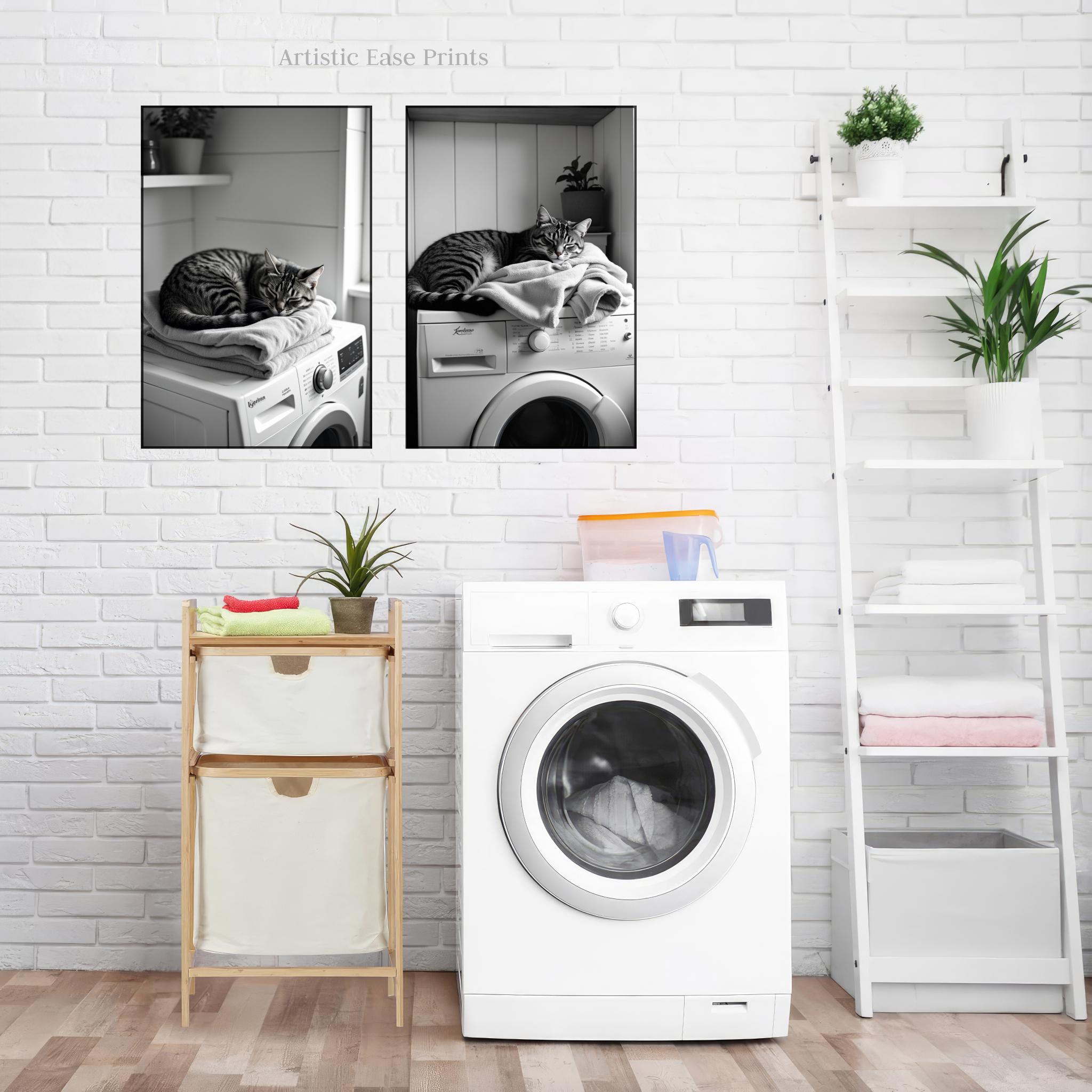 Gray Tabby Cat in Laundry Room Art Print, Whimsical Animal Decor ...