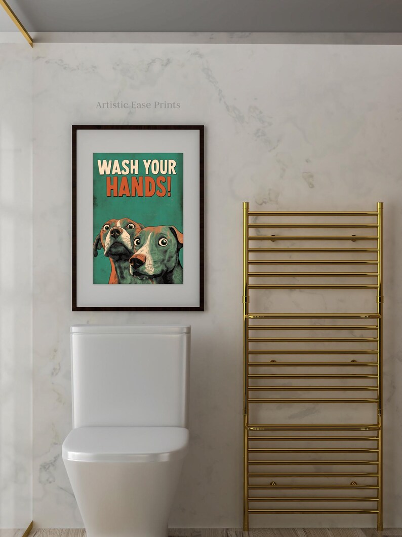Funny Dog Wash Your Hands Poster, Quirky Hand Hygiene Art, Retro Wall