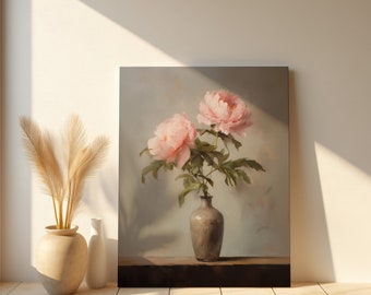 Peony Wall Art, Vintage inspired Peony Painting, Antique Floral Wall Art, Printable Peony Artwork, Floral Bedroom Decor, Rustic Painting