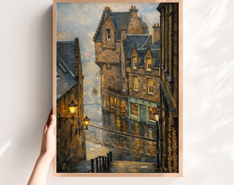Edinburgh Old Town Street Print, Scotland City Wall Art, Rainy European Street Painting, Cozy Evening Cityscape, Vintage Oil Style Art