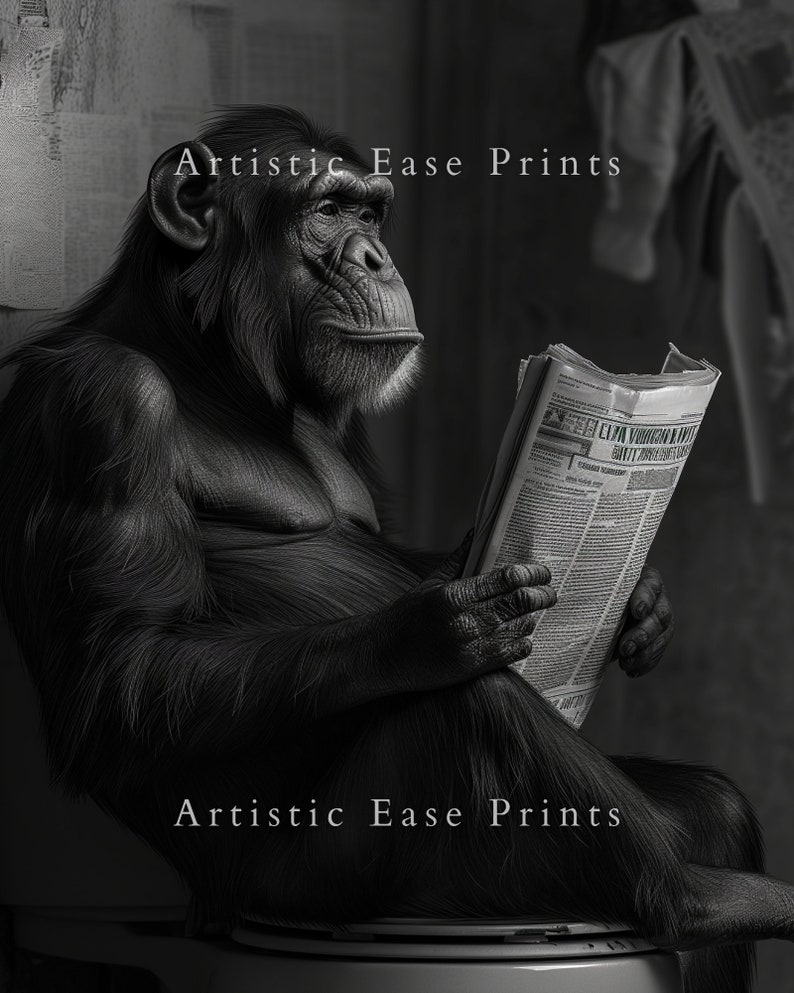 Funny Bathroom Art Monkey on Toilet Poster, Animal Restroom Decor