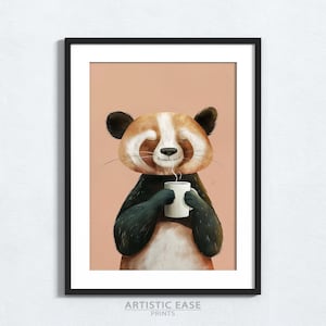 Cute Panda with Coffee Poster, Animal Print Wall Decor for Kitchen, Coffee Lover Gift, Panda Wall Art, Minimalist Wall Art for Animal Lovers