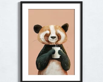 Cute Panda with Coffee Poster, Animal Print Wall Decor for Kitchen, Coffee Lover Gift, Panda Wall Art, Minimalist Wall Art for Animal Lovers