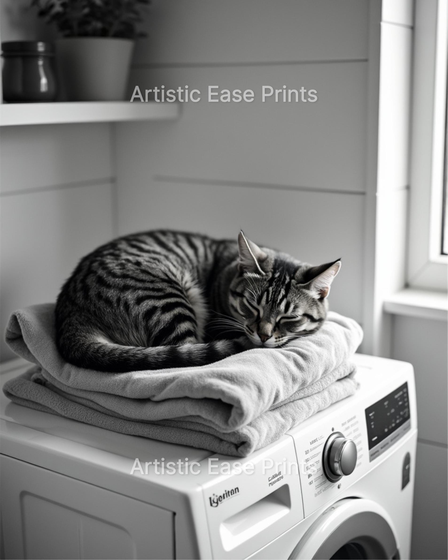Gray Tabby Cat in Laundry Room Art Print, Whimsical Animal Decor ...