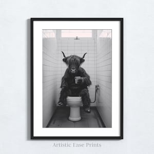 Funny Bathroom Art - Highland Cow on Toilet playing with phone, Animal Restroom Decor, Funny Animal Print, Toilet Humor Art, Bathroom Humour